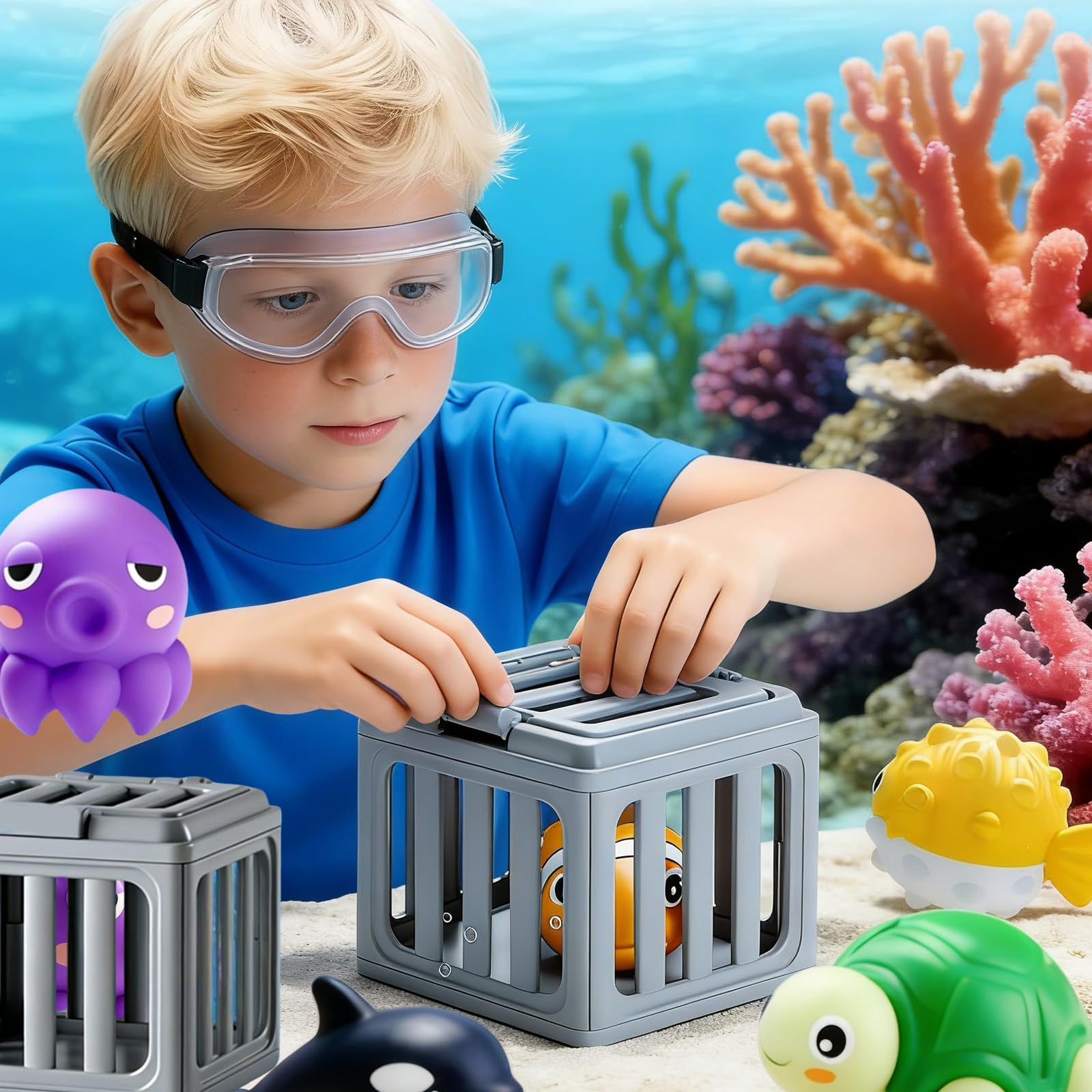 Sicheres Badewannen und Pool Tauchspielzeug Set mit Käfig und Fisch für Jungen und Mädchen Fördert Fantasie und motorische Fähigkeiten Geschenk Interaktives Pool Spielzeug
