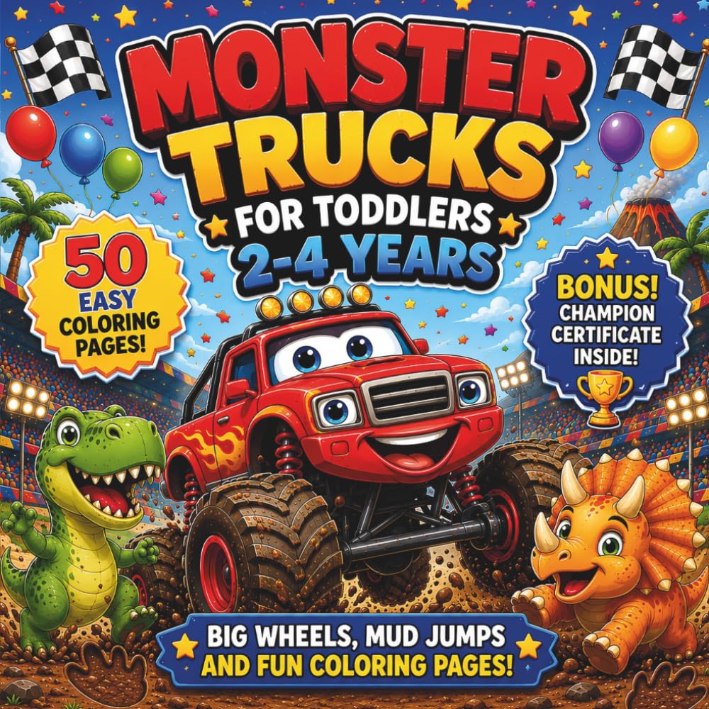 Monster Trucks for Toddlers 2-4 Years: Dinosaur Adventures, Big Wheels and Fun Coloring Pages: Featuring Friendly Dinosaurs, Easy Coloring Fun, Big ... for Little Boys and Preschool Kids