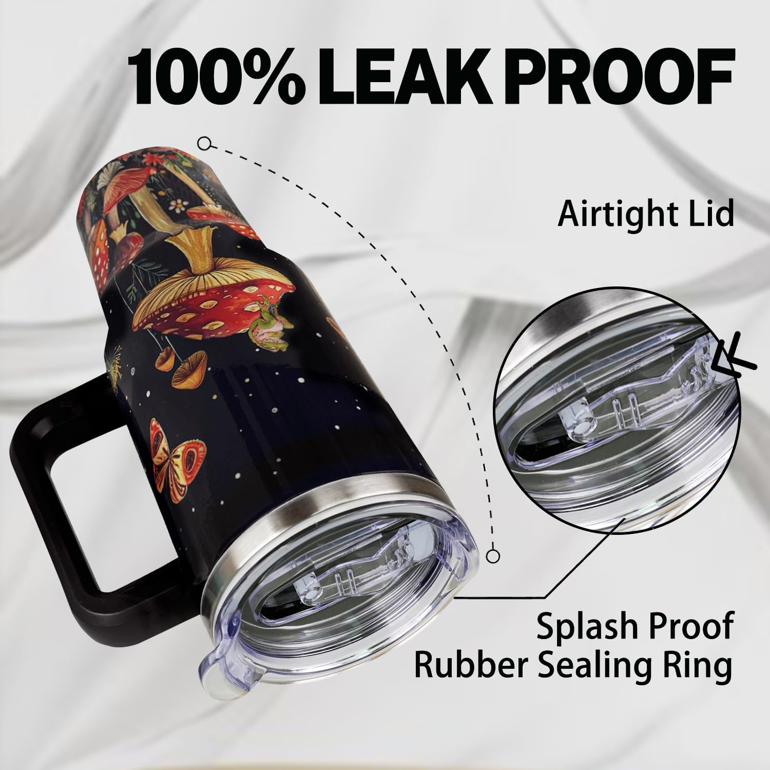 40oz Mushroom Tumbler with Handle Mushroom Gifts for Women Insulated Leak Proof Travel Coffee Mug, Reusable Stainless Steel Tumblers - Image 3