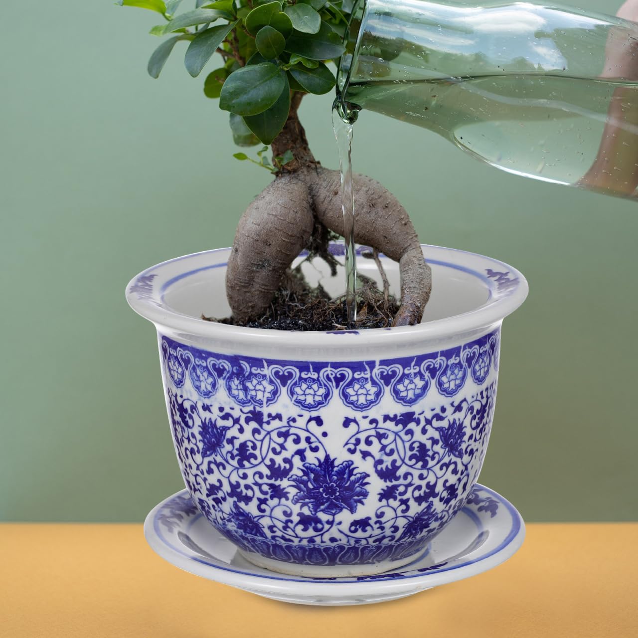 VANZACK Blau-weißer Blumentopf aus Keramik, chinesische Blumentöpfe aus Keramik mit Tablett, dekorativer Blumentopf für drinnen und draußen, Schreibtisch, Garten, Balkon