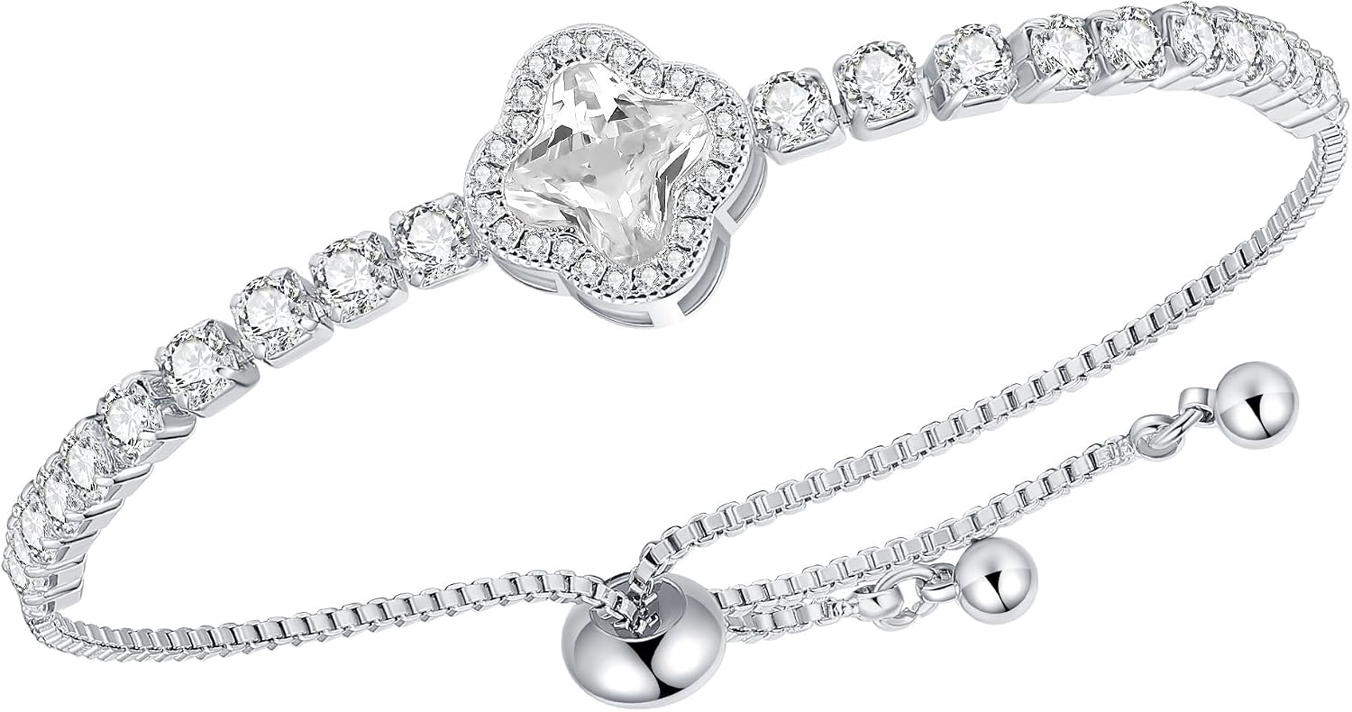 POWER WING Tennis Bracelets for Women White Gold Plated Birthstone Bracelets Four Leaf Clover Silver Bracelet Adjustable Slider Birthday Jewelry Gifts