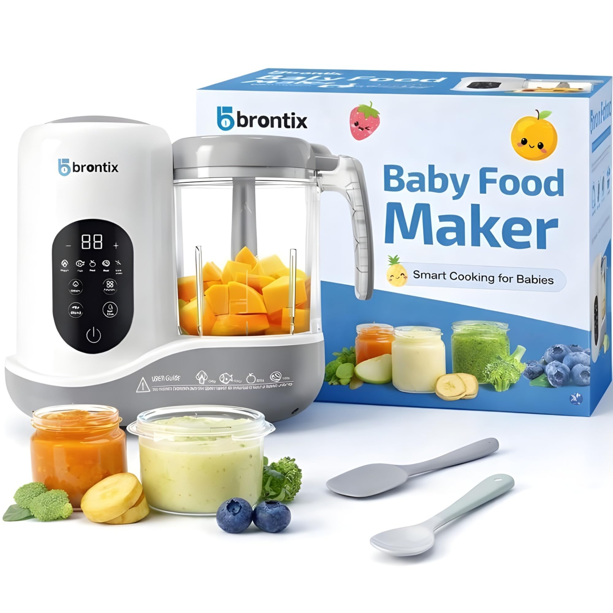 BRONTIX Baby Food Steamer & Processor, Steamer for Baby Food Cooking with Touch Screen Control, Self Clean, Blender for Baby Food Puree, Includes 2 Food Bowls, Spatula & Silicone Spoon (white)