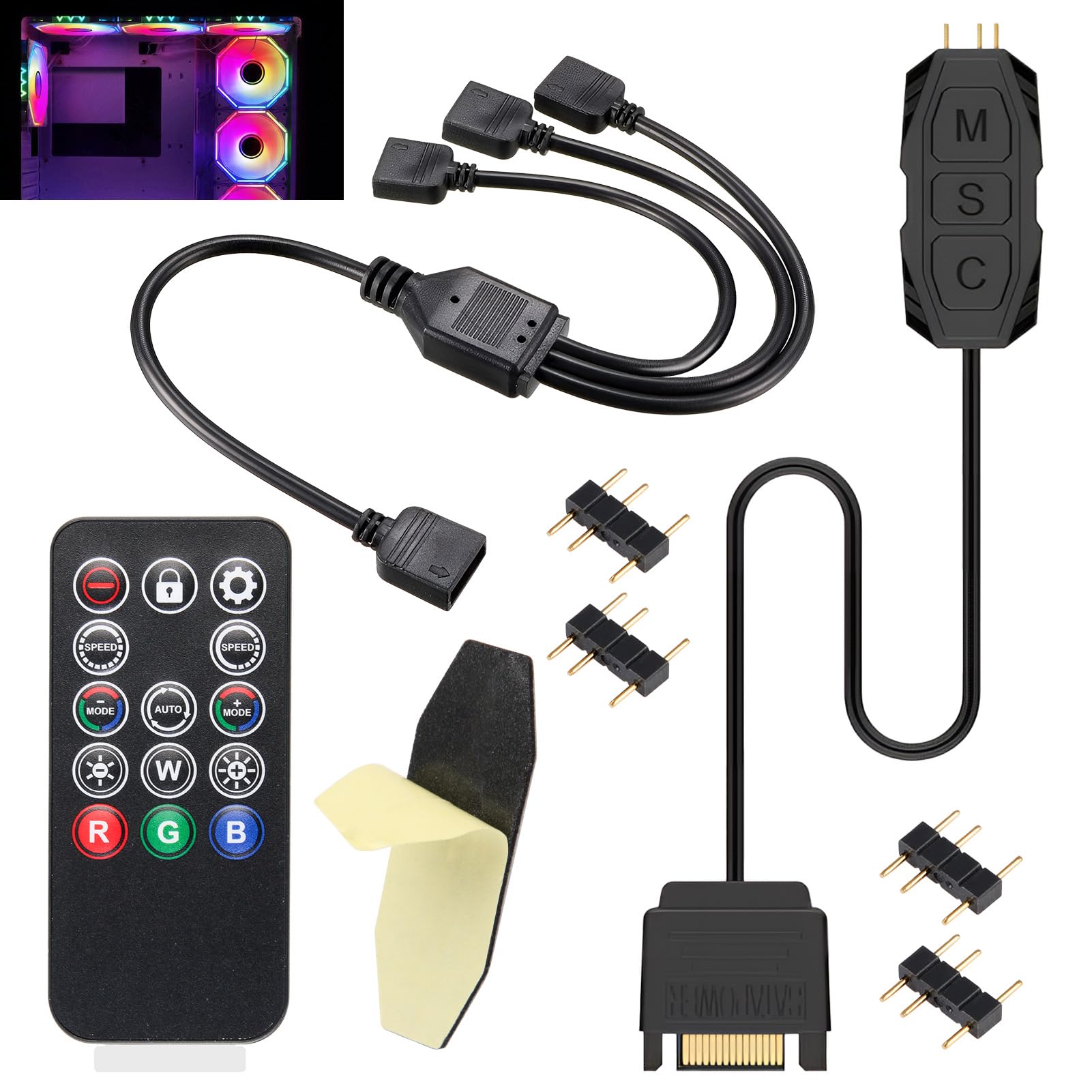 argb Controller con telecomando, controller da 5 V a 3 pin, alimentato da SATA, 14 chiavi per effetti di illuminazione RGB, adatto per ventole e strisce luminose, con cavo splitter da 1 a 3
