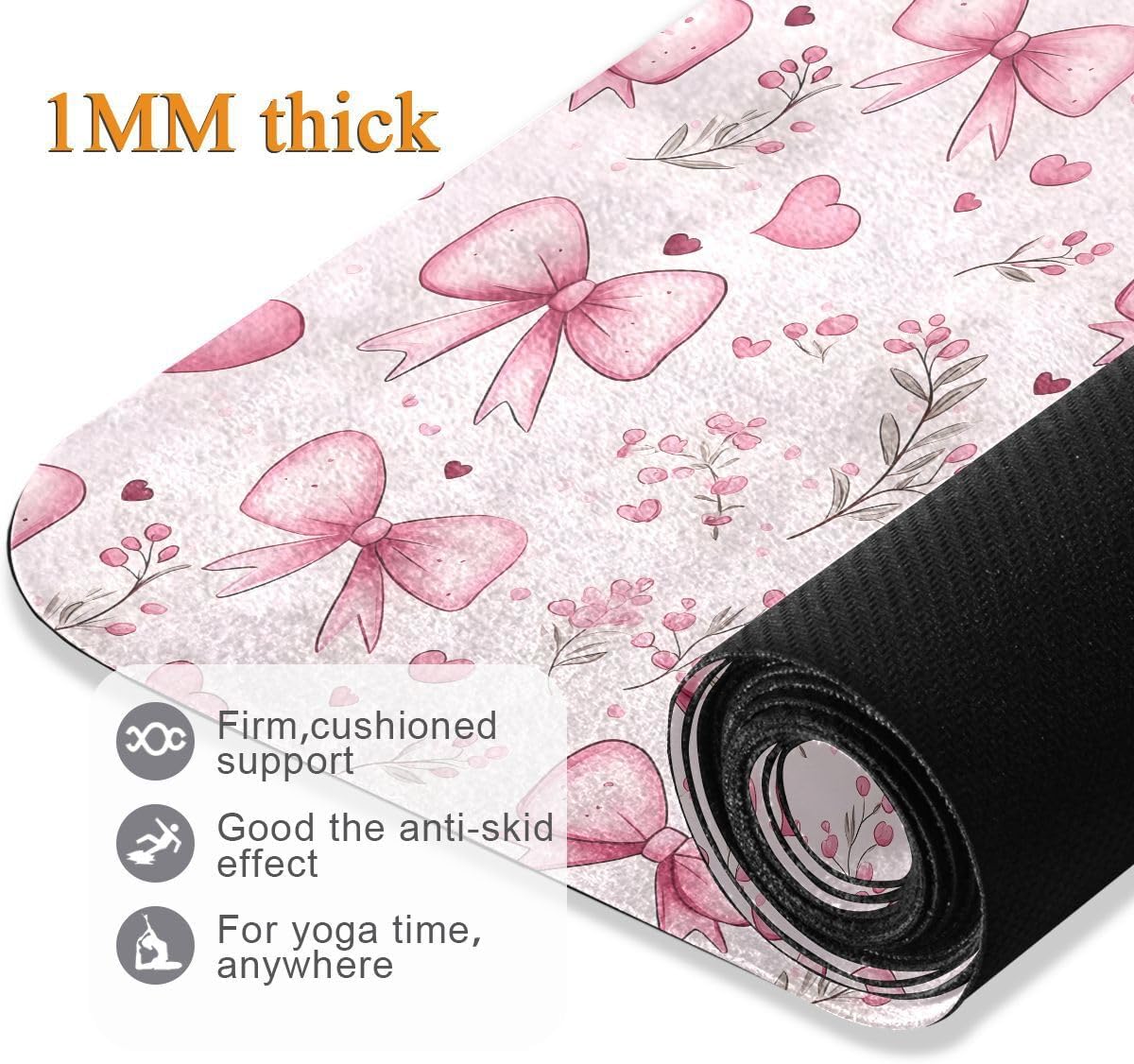 ALAZA Pink Bows Flower Pattern Yoga Mat Non Slip Fitness Exercise Mat, Workout Mat for Yoga, Pilates and Floor Exercises