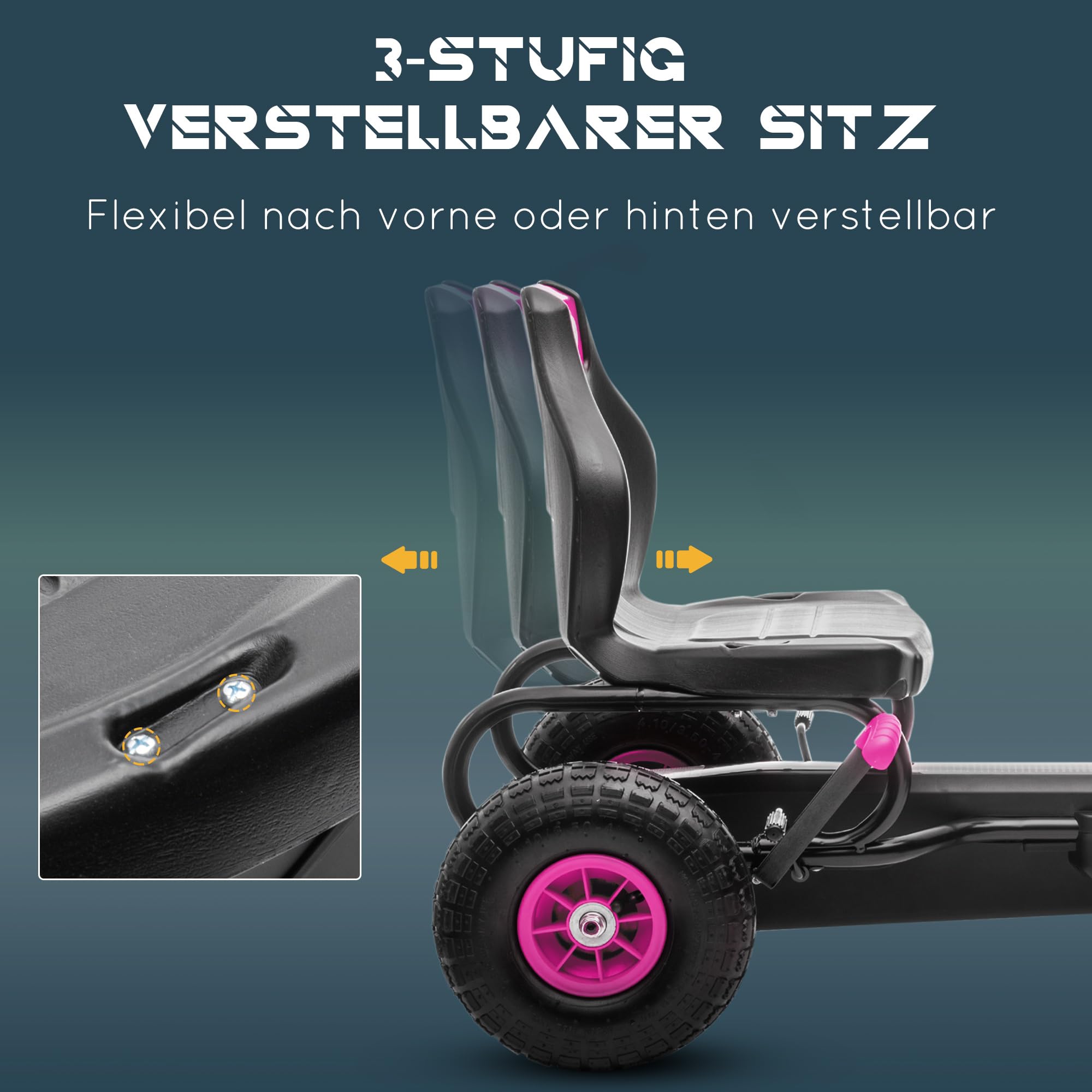 HOMCOM Gokart z 3-stopniową regulacją siedziska, dla 5-12 lat, do 50 kg, różowy | Pojazd dziecięcy, pojazd na pedały z gumowymi oponami, , hamulec ręczny, kettcar, outdoor