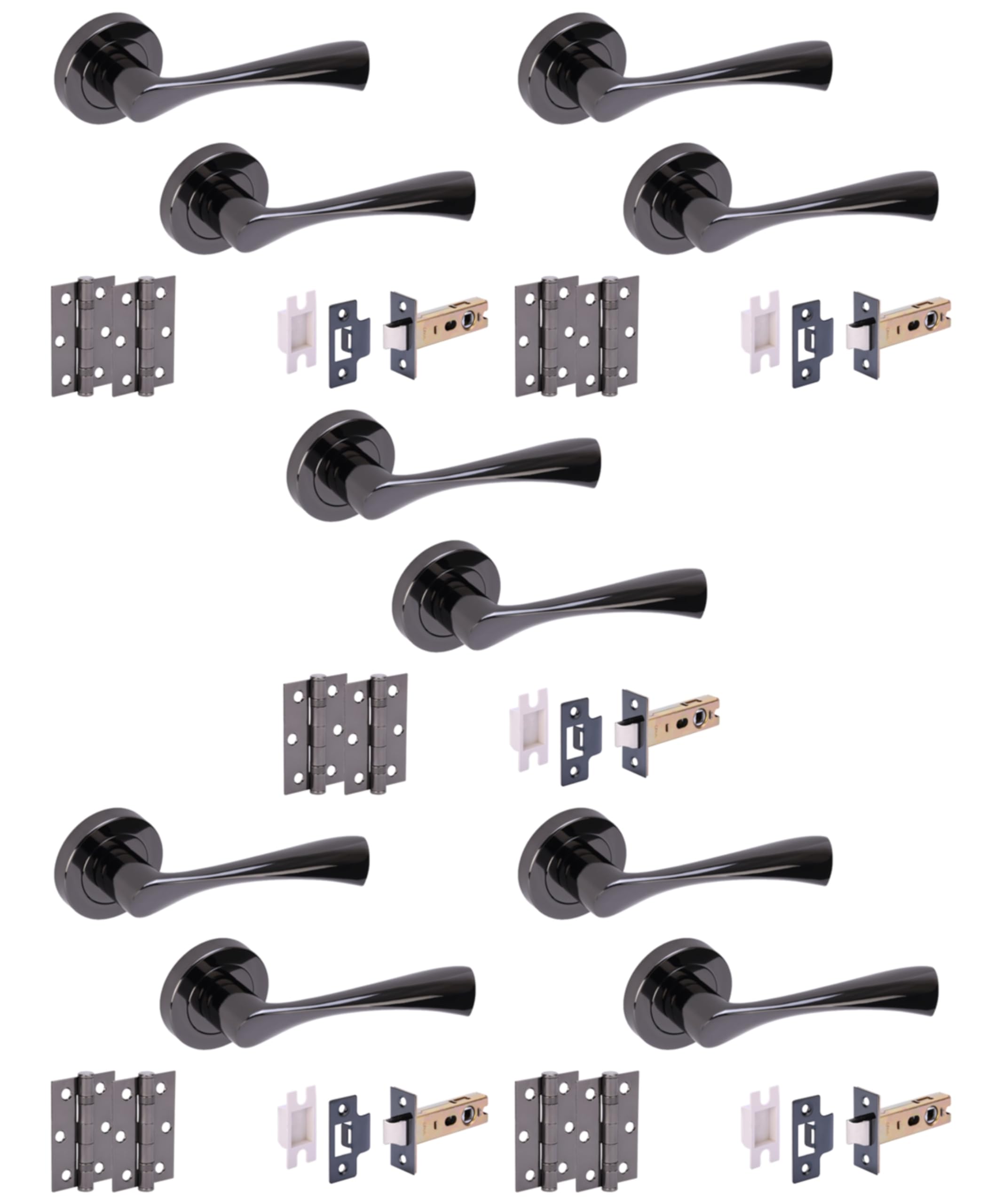 Hunta HANDLEZONE® 5 Sets Zena Internal Door Handles on Rose Lever Latch Packs with Ball Bearing Hinges - Black Nickel