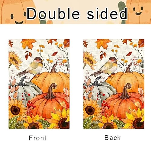 Miniatura 7 de Bandera de jardín de calabazas de pájaro de otoño de 12 x 18 pulgadas, doble cara exterior, hojas de girasol de otoño, cosecha de Acción de Gracias,