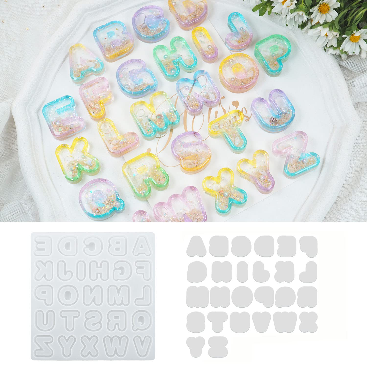 Voyyphixa Alphabet Resin Molds Set - Silicone Shaker Molds With 26 PVC Sheets