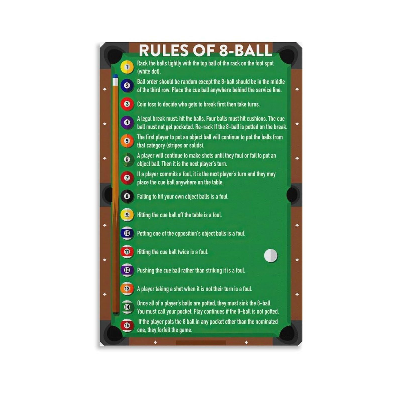 NWPNLXEA Vintage 8 Ball Pool Rules Poster Official Billiards Game Guide for Game Room Basement Bar Man Cave Billiards Room Wall-Art Framed,12x18inch(30x45cm)