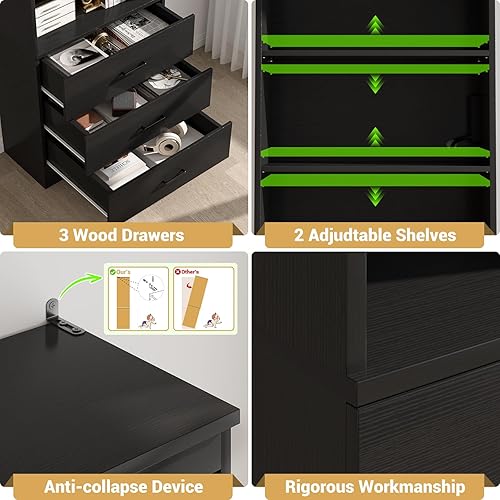 Miniatura 5 de Aheaplus Estantería de 71 pulgadas con puertos USB y tomacorrientes, estantería de madera con 3 cajones y estantes abiertos, gabinete de