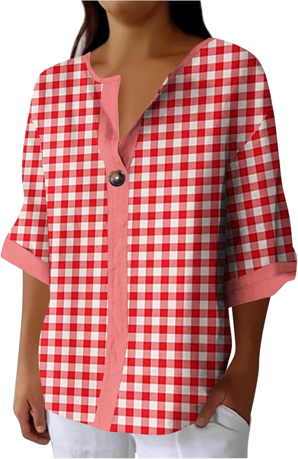 3/4 Sleeve Button Down Shirts for Women Gingham Plaid Striped Tops V Neck Casual Loose Dressy Blouses