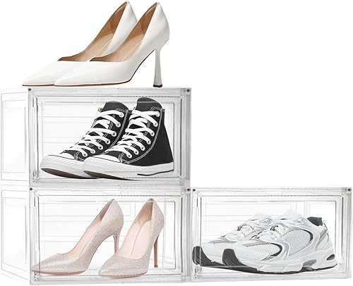 Paquete de 3 cajas apilables de almacenamiento de zapatos, organizador de zapatos grande plegable transparente para armario que ahorra espacio,