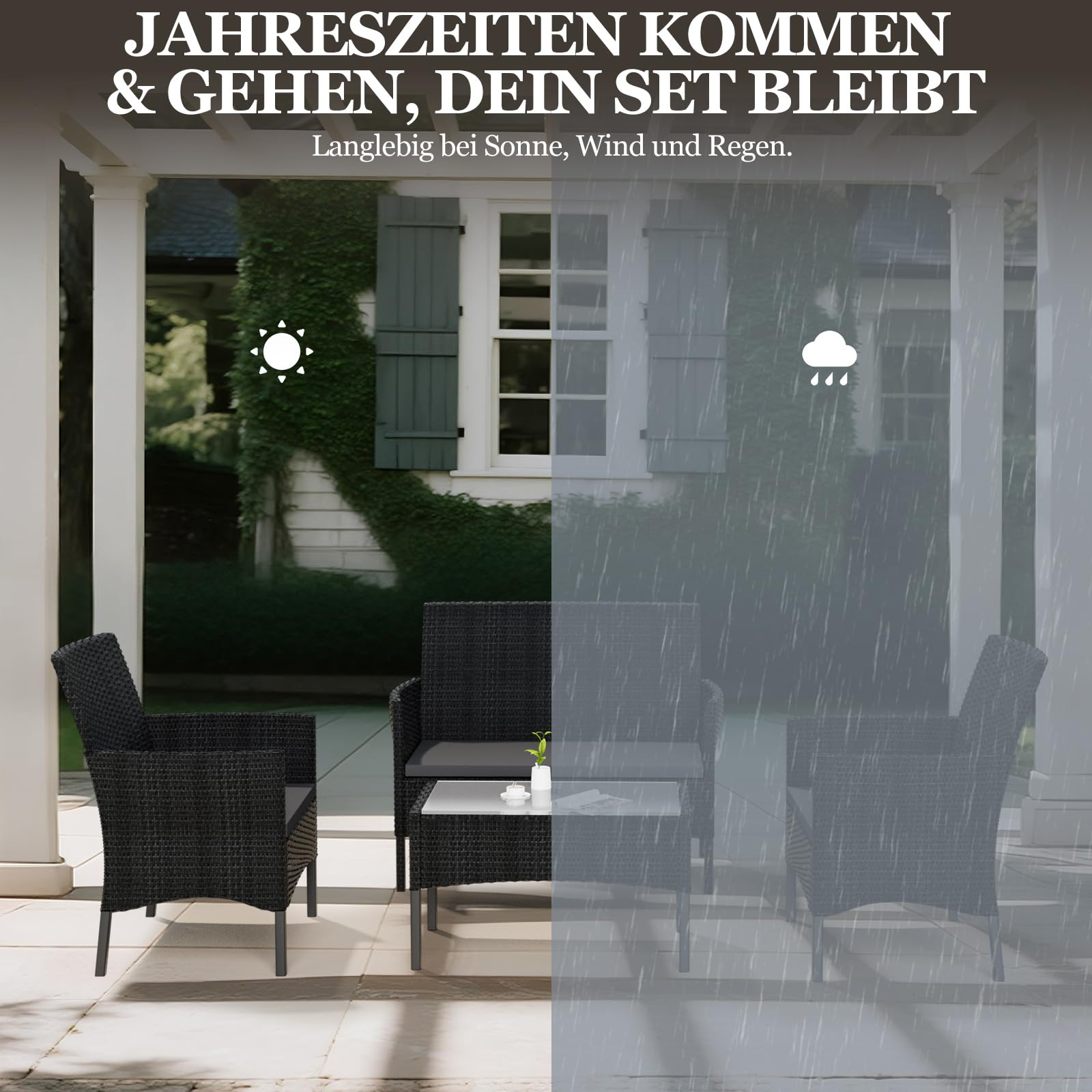 Soontrans 4-TLG. Poly Rattan Gartenmöbel Set mit Auflagen, Balkonmöbel mit 1 x Sitzbank & 2 x Stühle & 1 x Tisch, Frei Kombinierbar, Wetterfest Lounge Möbel Outdoor