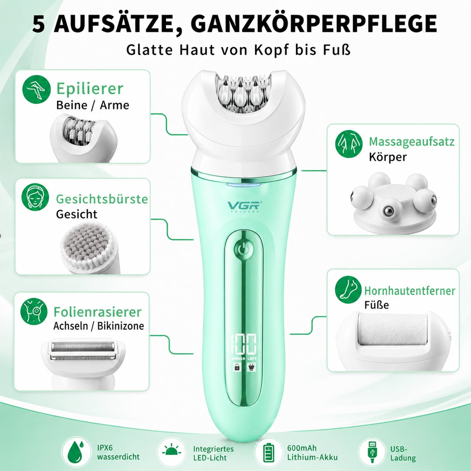 VGR 751 5-in-1 Epilierer Damen Mit Rasierer Gesichtsreinigungsbürste, Grün