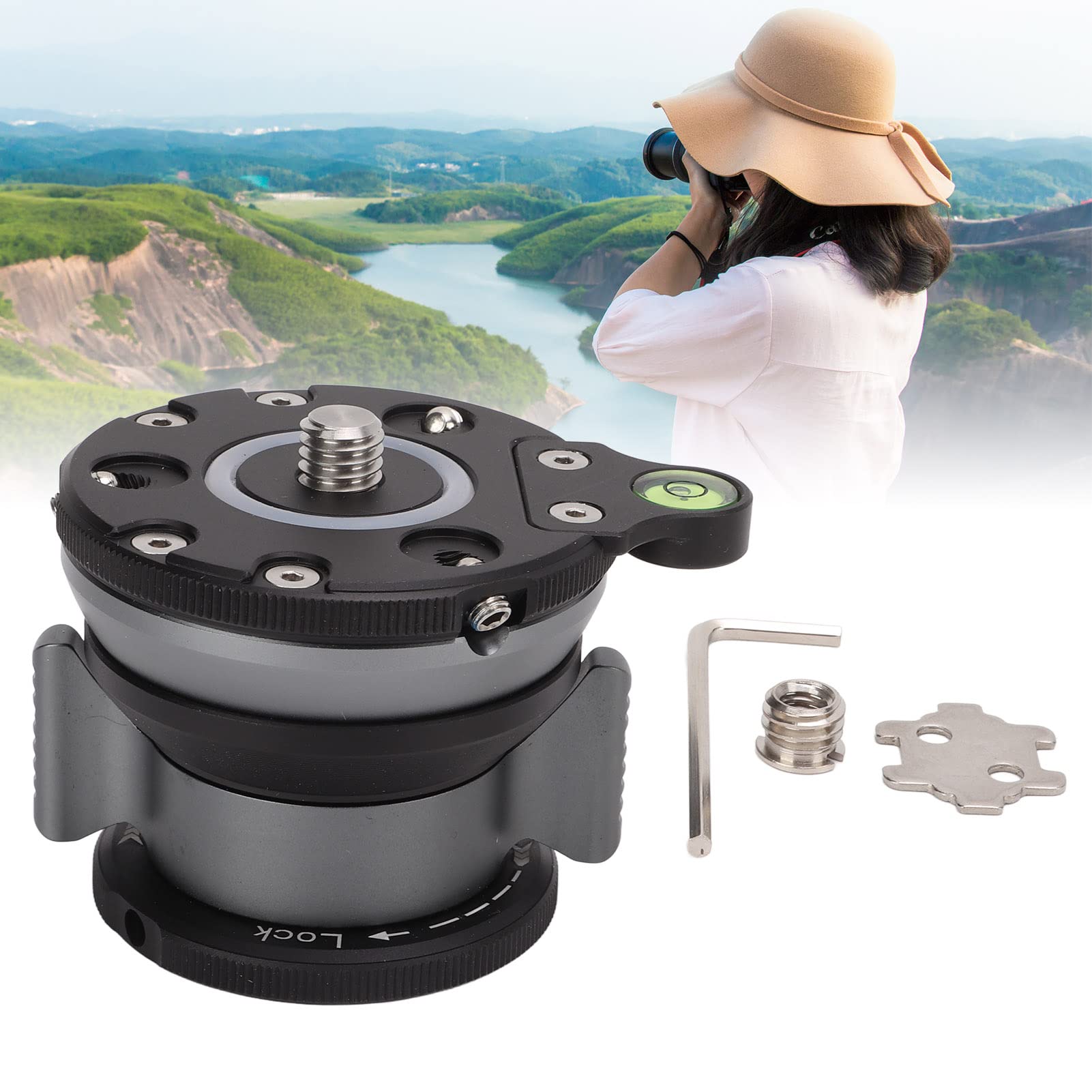 Base di livellamento per treppiede in lega di alluminio con livella a bolla, livellatore per fotocamera compatibile con e DSLR, attacco panoramico con filettatura da 1/4