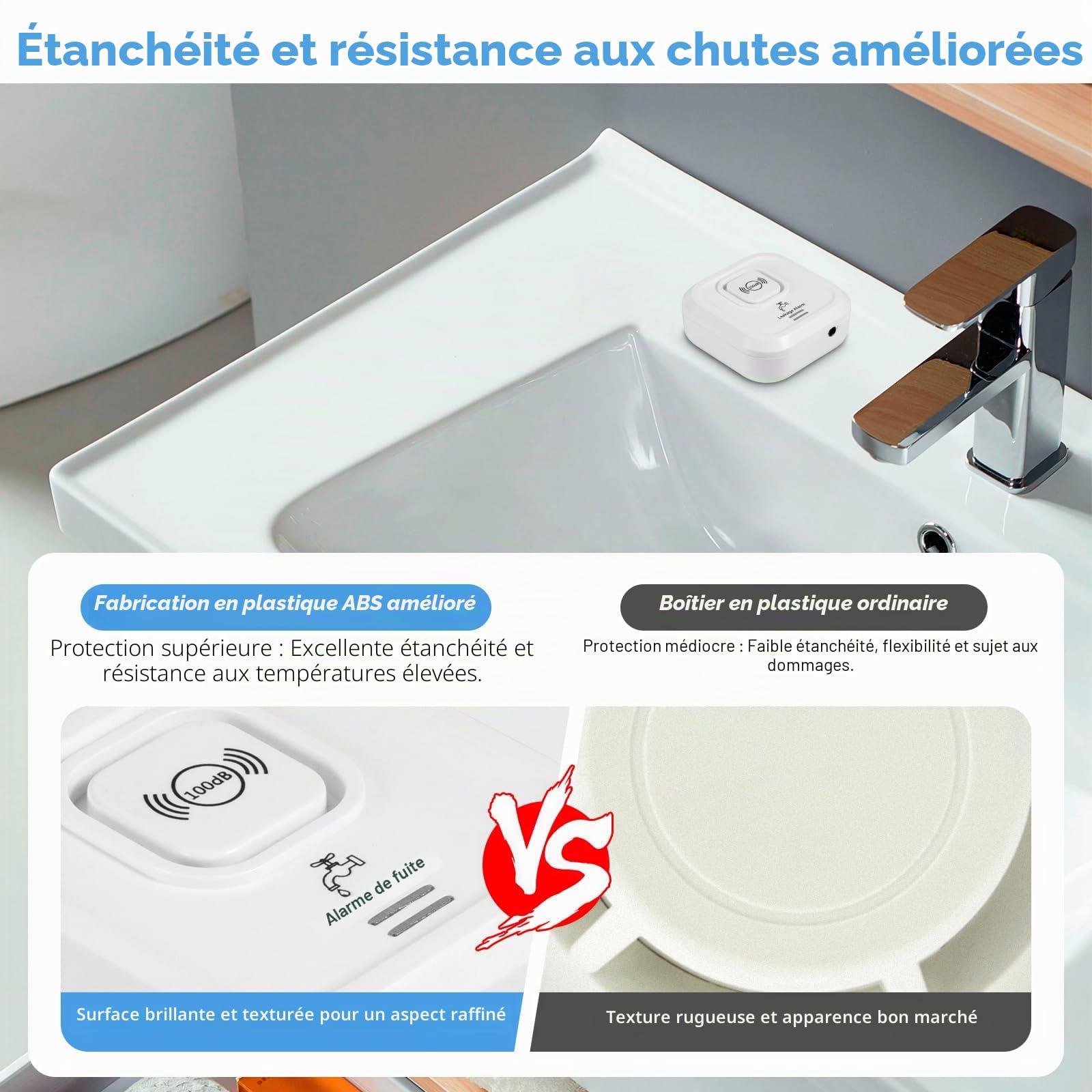 Detecteur de Fuite d'eau, 2,4GHz WiFi Alarme Maison sans Fil Compatible avec L'application Tuya, 100dB Capteur de Niveau d'eau avec 105cm Détachable Câble Alarme Piscine pour Cuisines, Caves, Sols