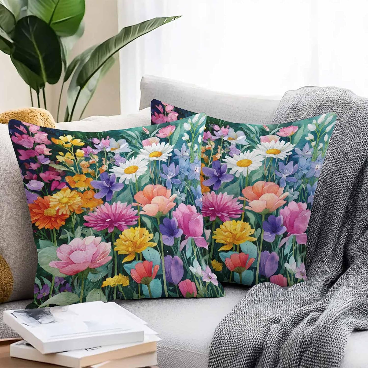 Watercolor Spring Floral Outdoor Waterproof Throw Pillow Covers 18x18 Set of 2, Farmhouse Flowers Colorful Decorative Pillowcases Cushion Pillowcase for Couch Sofa Patio Outside Pillow Protector