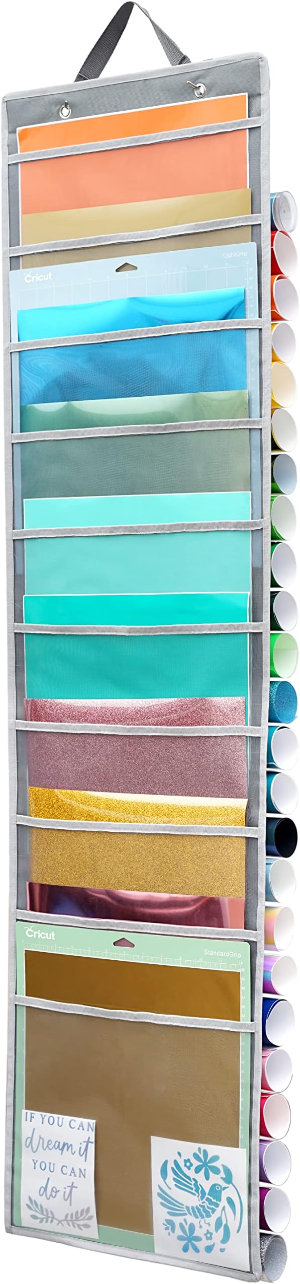 ZENXUS Hanging Vinyl Organizer, Double-Sided, 25 Compartments Roll Storage, Backside 10 Pockets for 12x12 Vinyl Sheet, Cardstock, Scrapbook Paper, Door Hooks Included