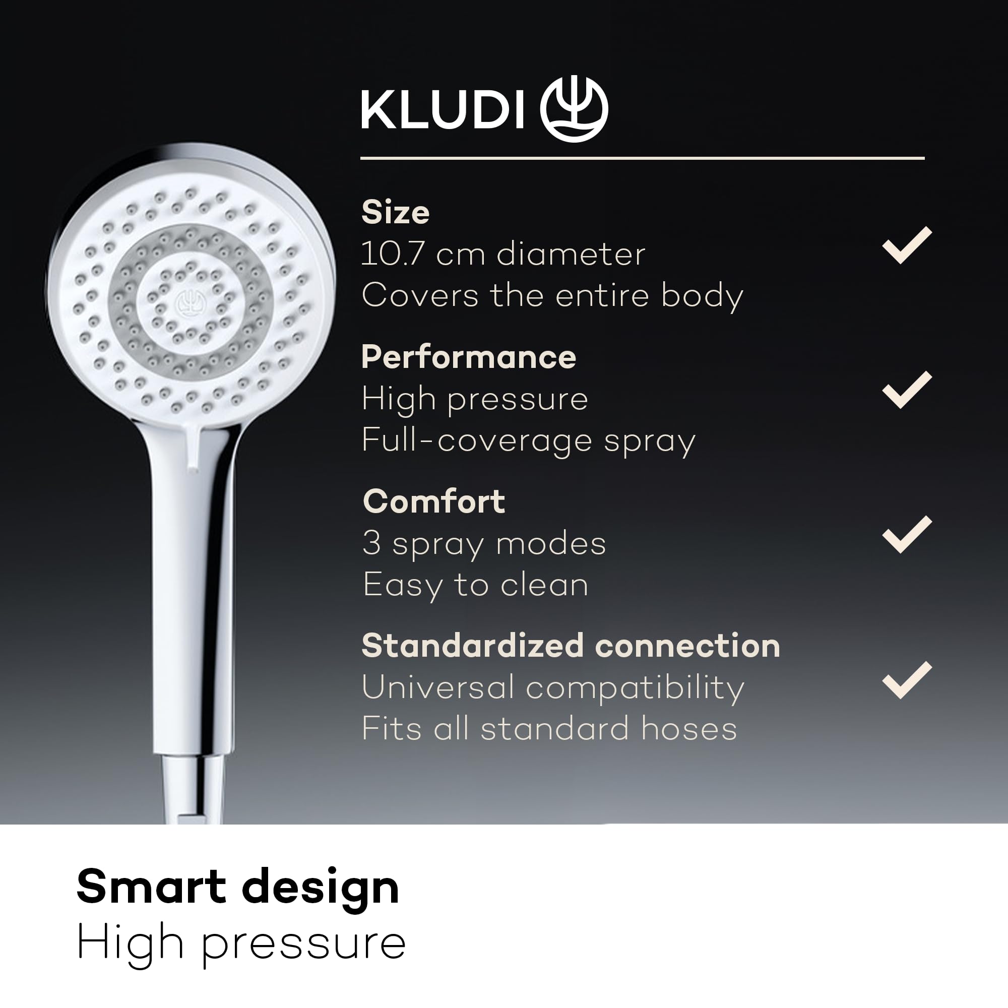 KLUDI -X1 uniwersalna słuchawka prysznicowa oszczędzająca wodę jako opcja, słuchawka prysznicowa z 3 rodzajami strumienia (body, włosy, skóra), łatwa w czyszczeniu głowica prysznicowa Ø 10,7 cm, z