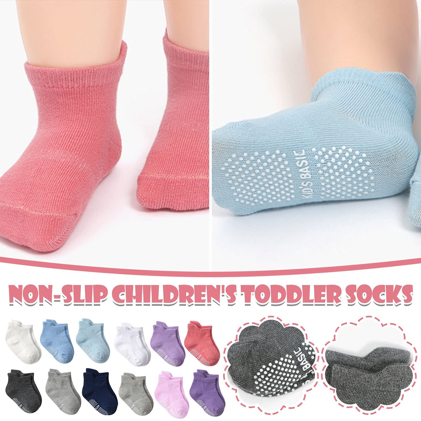 6 Pairs Baby Girls Boys Socks Kids Toddler Non Slip Ankle Socks with Grips Infant Solid Floor Socks (A1-A, One Size)
