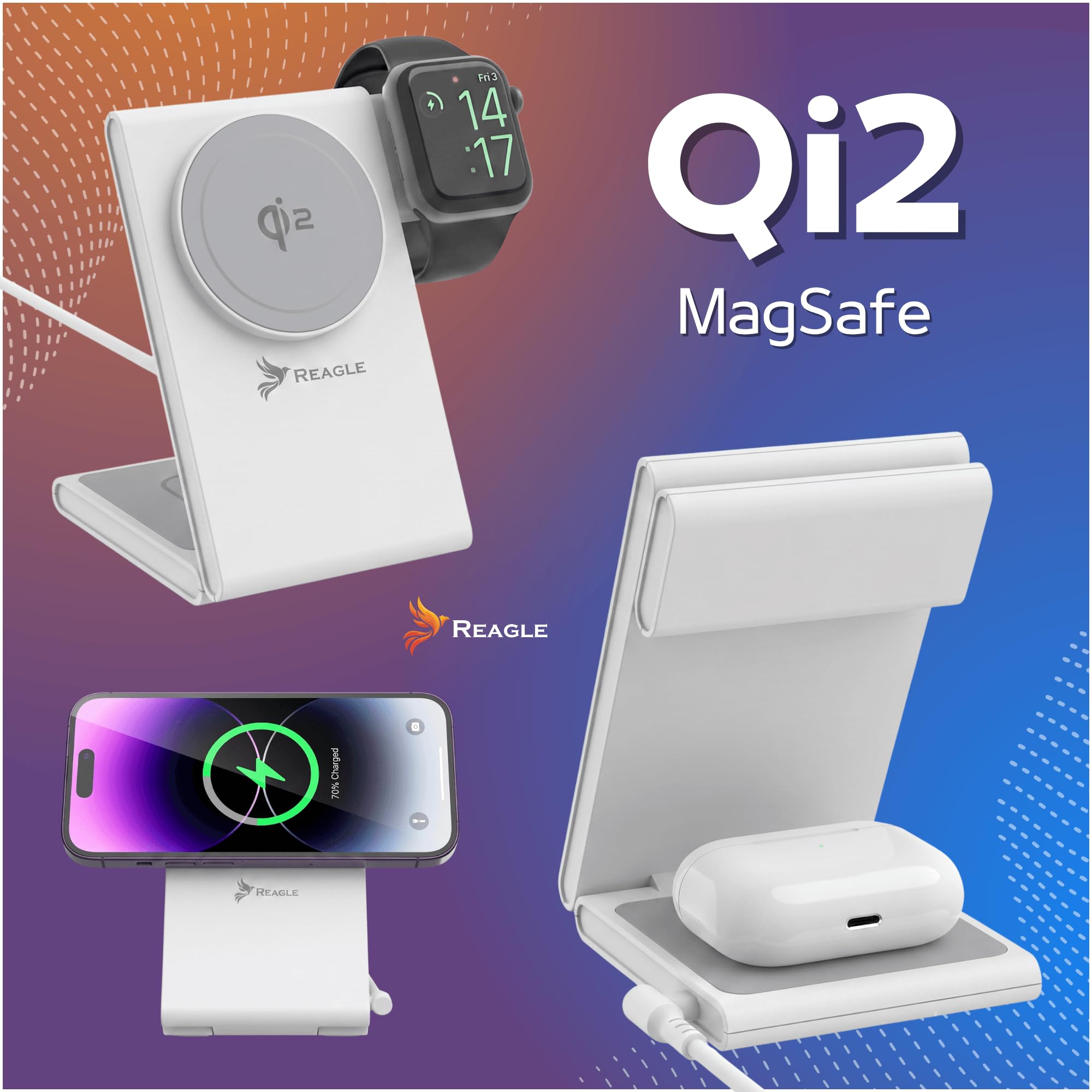 Reagle Ładowarka Bezprzewodowa Qi2 3w1 15W, Magnetyczna Składana Stacja Ładująca do iPhone 17/16/15/14/13/12, Apple Watch, AirPods, Samsung Galaxy i Pixel, Biała