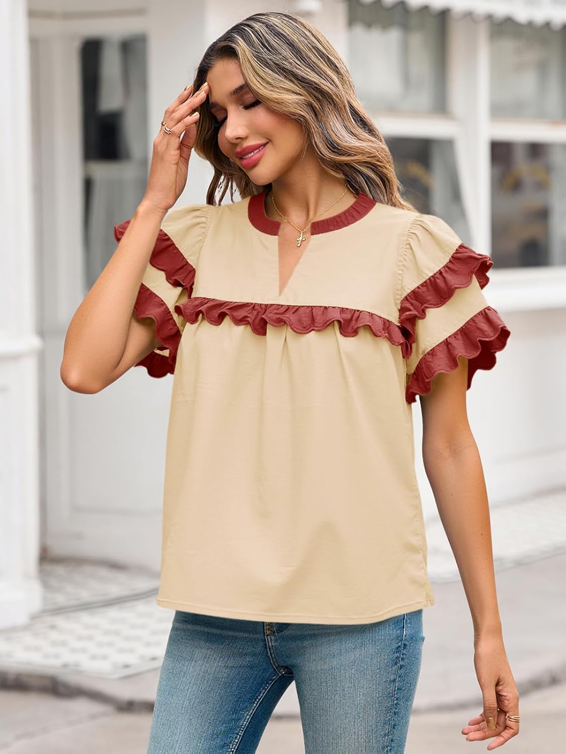 Tankaneo Womens Ruffle Sleeve Babydoll Tops Color Block Summer V Neck Pleated Blouse Dressy Casual Loose Fit Shirts - Image 2