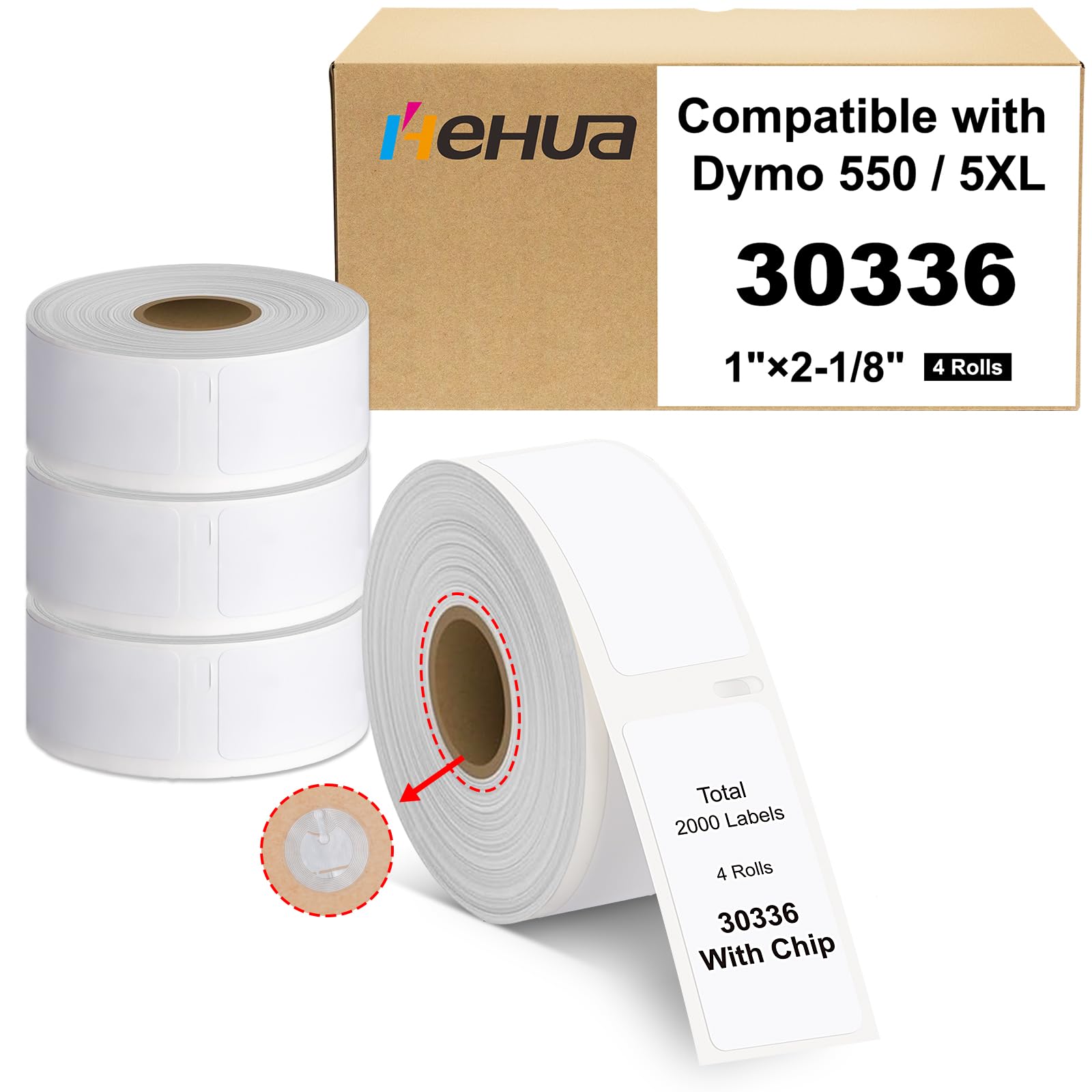 Hehua Lot de 4 rouleaux d'étiquettes compatibles avec DYMO Labelwriter 5XL 550 4XL 450 30336 avec puce RFID, étiquettes d'adresse de retour, 25 mm x 54 mm, total de 2000 étiquettes/4 rouleaux