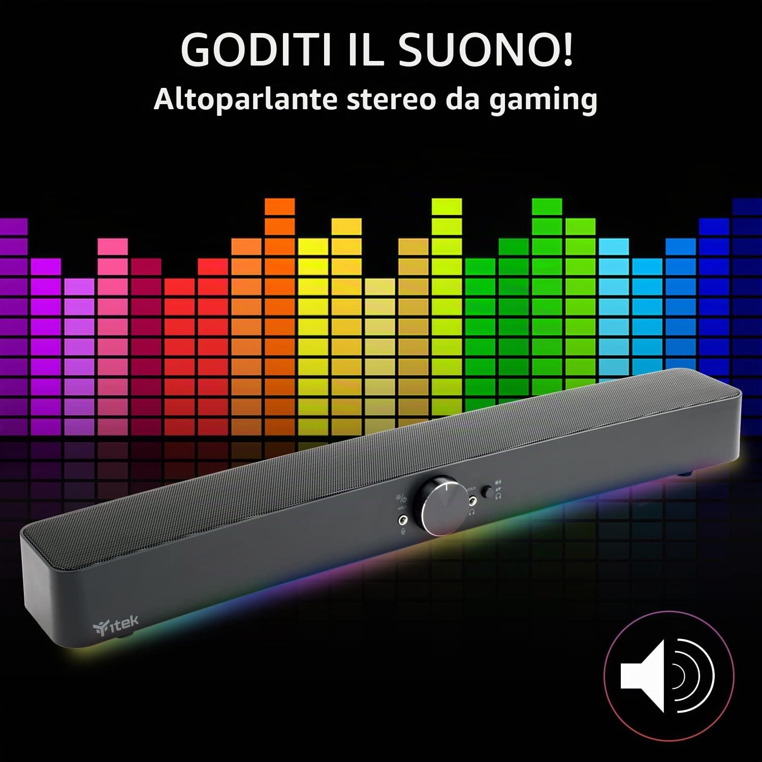 Itek Gaming Soundbar S100 illuminazione RGB, BlueTooth, Jack 2x3.5mm con Uscita Mic e Cuffie