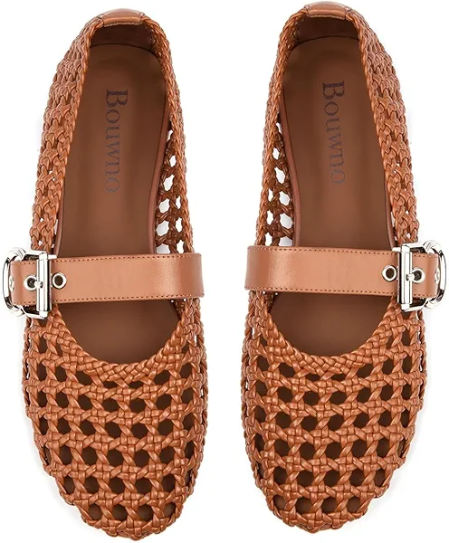 Mesh Mary Jane Flats for Women Hand Woven Flats Slip on Leather Round Toe Comfy Buckle Strap Dressy Beach Ballerina Sandals