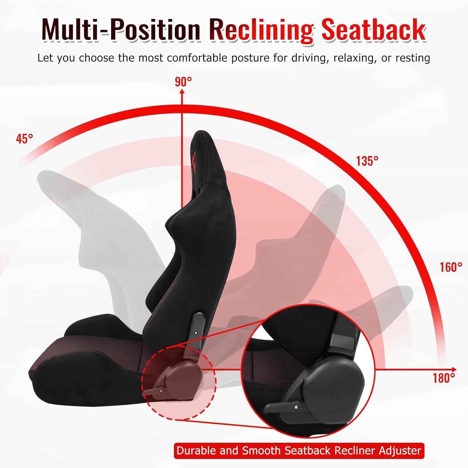 FREEMOTOR802 Reclining Sim Racing Seats with Dual Lock Slide Rails, Universal Fit Ergonomic Performance Car Sport Seats, Adjustable Lumbar Support, Black Suede + Red Mesh Fabric, Pair