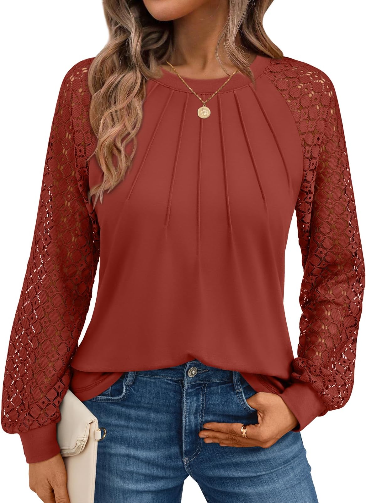 Womens Long Sleeve Shirts Pleated Lace Tops Fall Fashion Outfits Business Casual Blouses