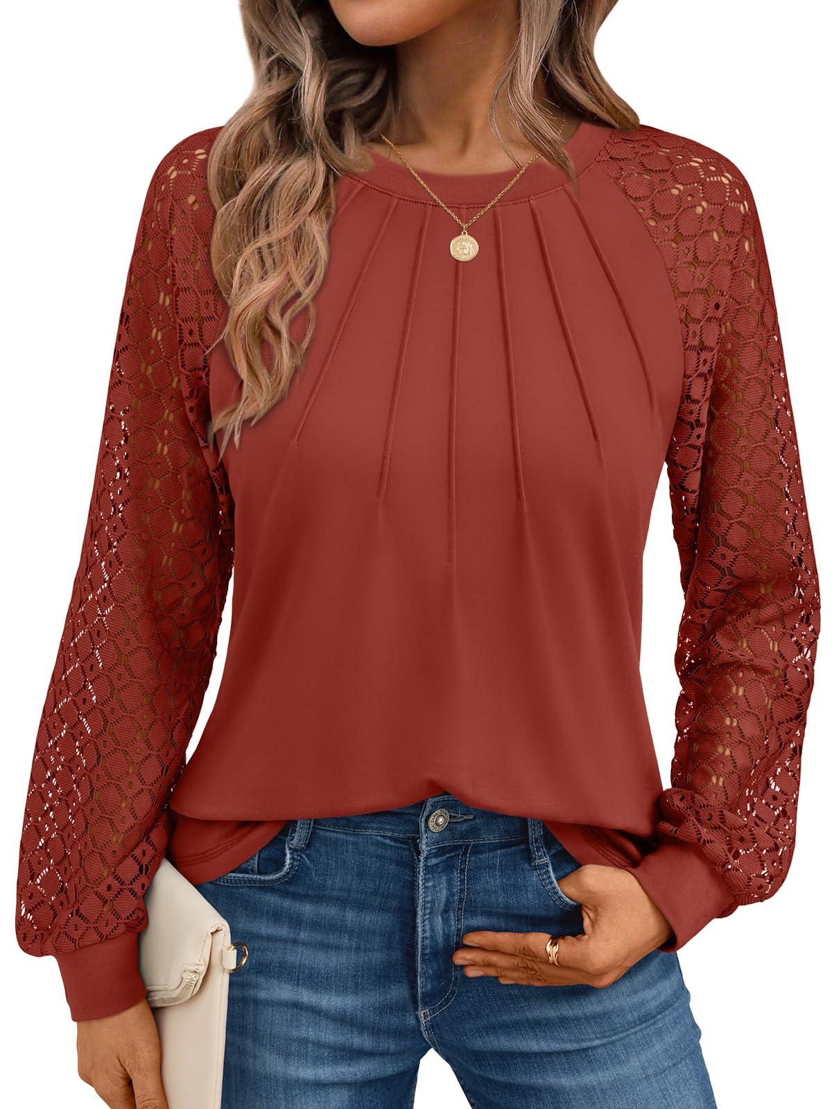 Womens Long Sleeve Shirts Pleated Lace Tops Fall Fashion Outfits Business Casual Blouses