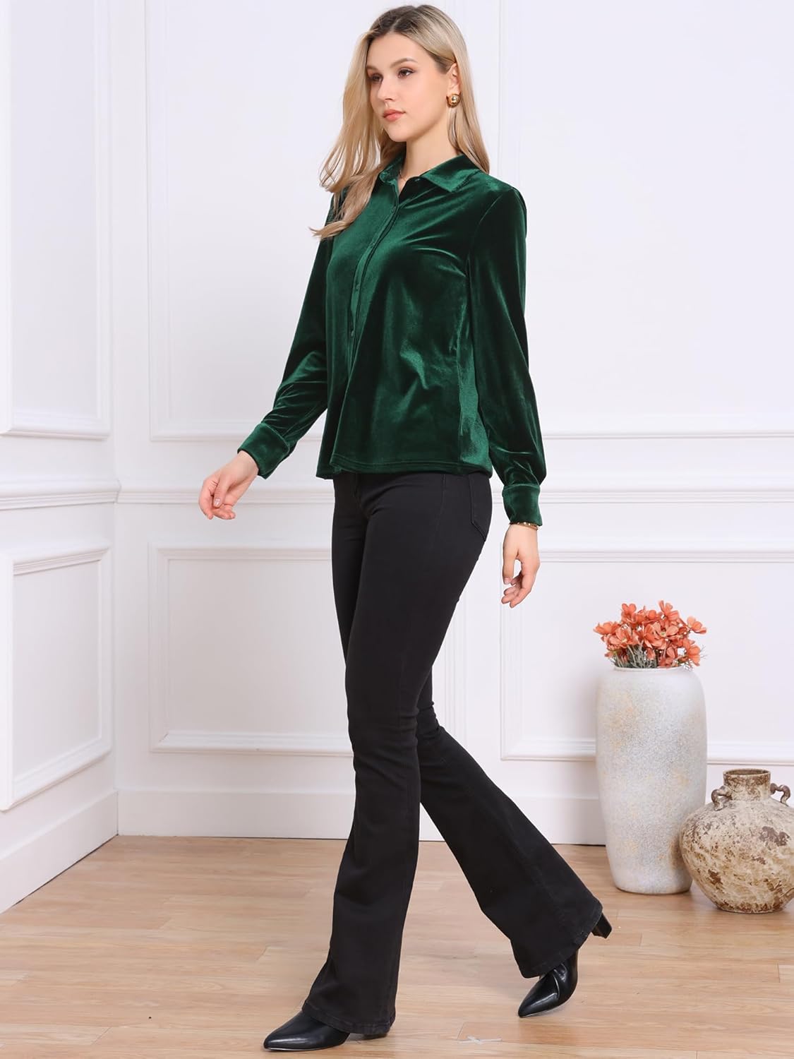 Allegra K Vintage Velvet Tops for Women Dressy Casual Long Sleeve Button Down Shirt Blouse - Image 4