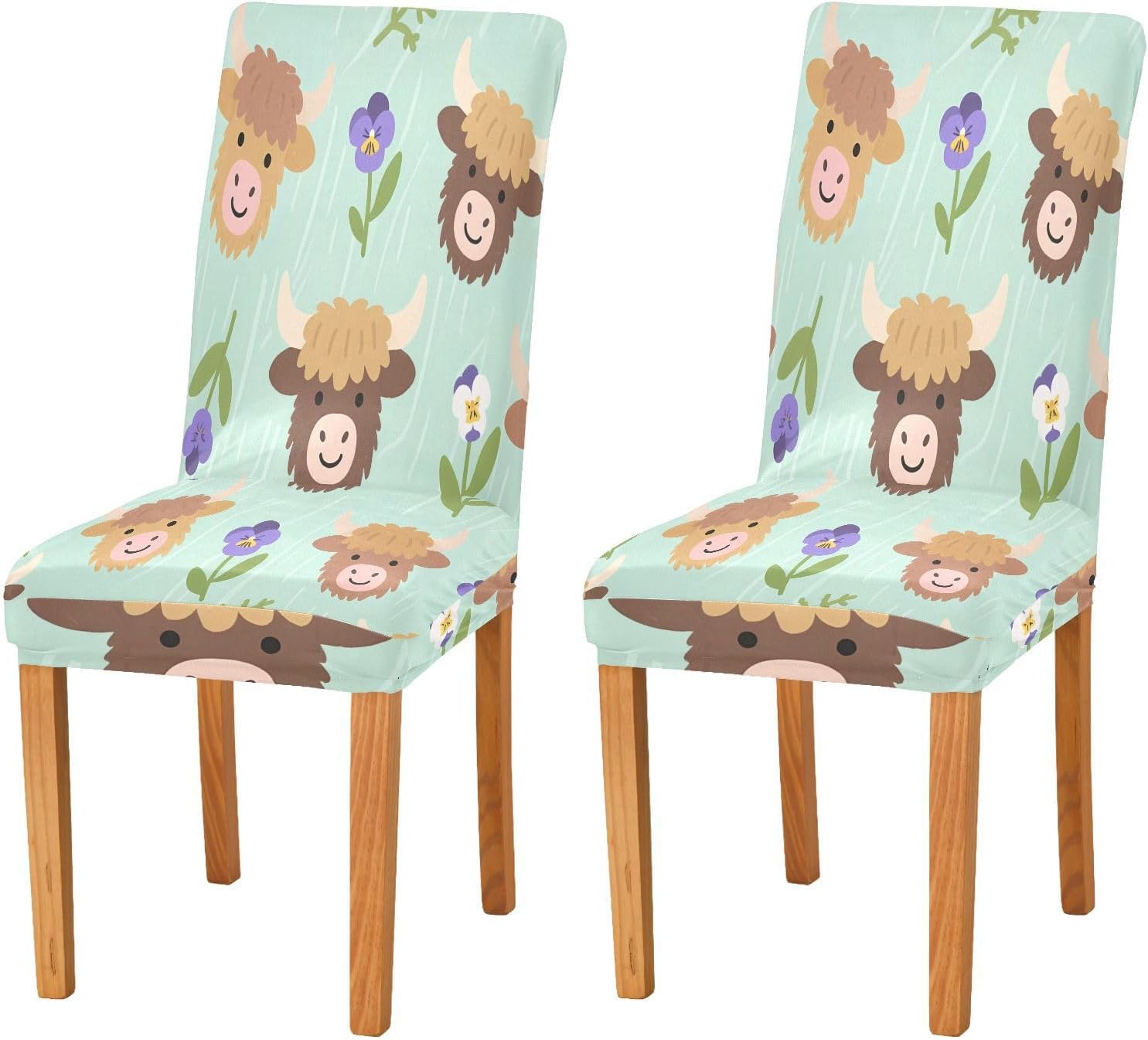 ALAZA Chair Covers for Dining Room, Cartoon Highland Cattle Flowers Pattern Stretch Chair Cover Sets Chair Protector Removable Washable for Ktichen Restaurant Hotel