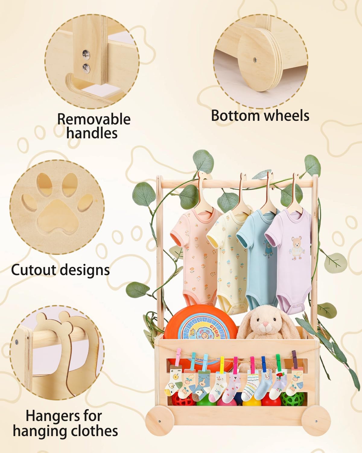 Wooden Dog Closet Pet Wardrobe Organizer, 20 x 13 x 9 Inch Pet Clothes Storage Crate with Hanging Rack, 10 Hangers, Rope & Clips for Dog Puppy Cat Toys Clothes Accessories