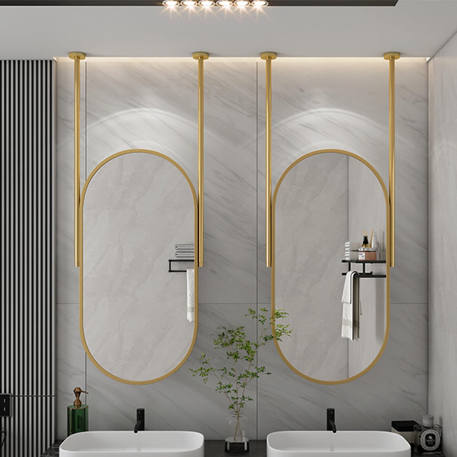 Miroir ovale doré à suspendre au plafond avec barres réglables pour salle de bain moderne