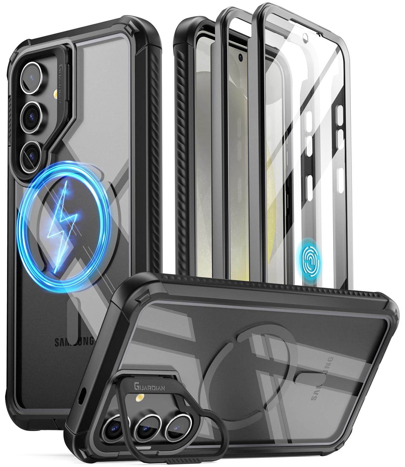 Poetic Guardian Case Compatible with Galaxy S24 5G 6.2 inch,[Built-in Camera Stand][Screen Protector Work with Fingerprint ID] Full Body Hybrid Shockproof Rugged Clear Cover Case, Black/Clear