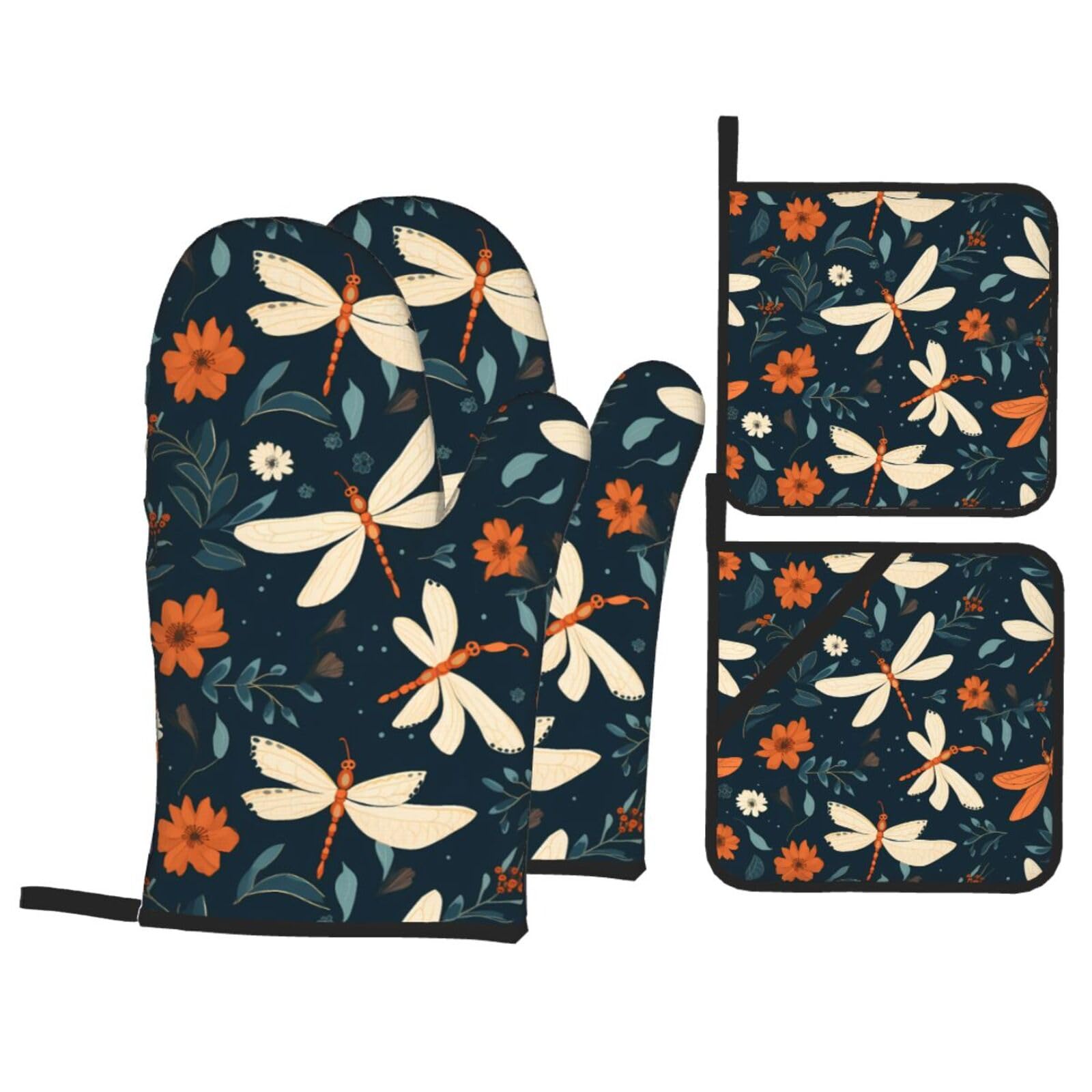 HJFCZH Dragonfly and Flower Picture Kitchen Baking Set of 4 Thick Insulated Oven Mitt & Pot Holders, Anti-Scalding for Microwave, Oven, Outdoor BBQ