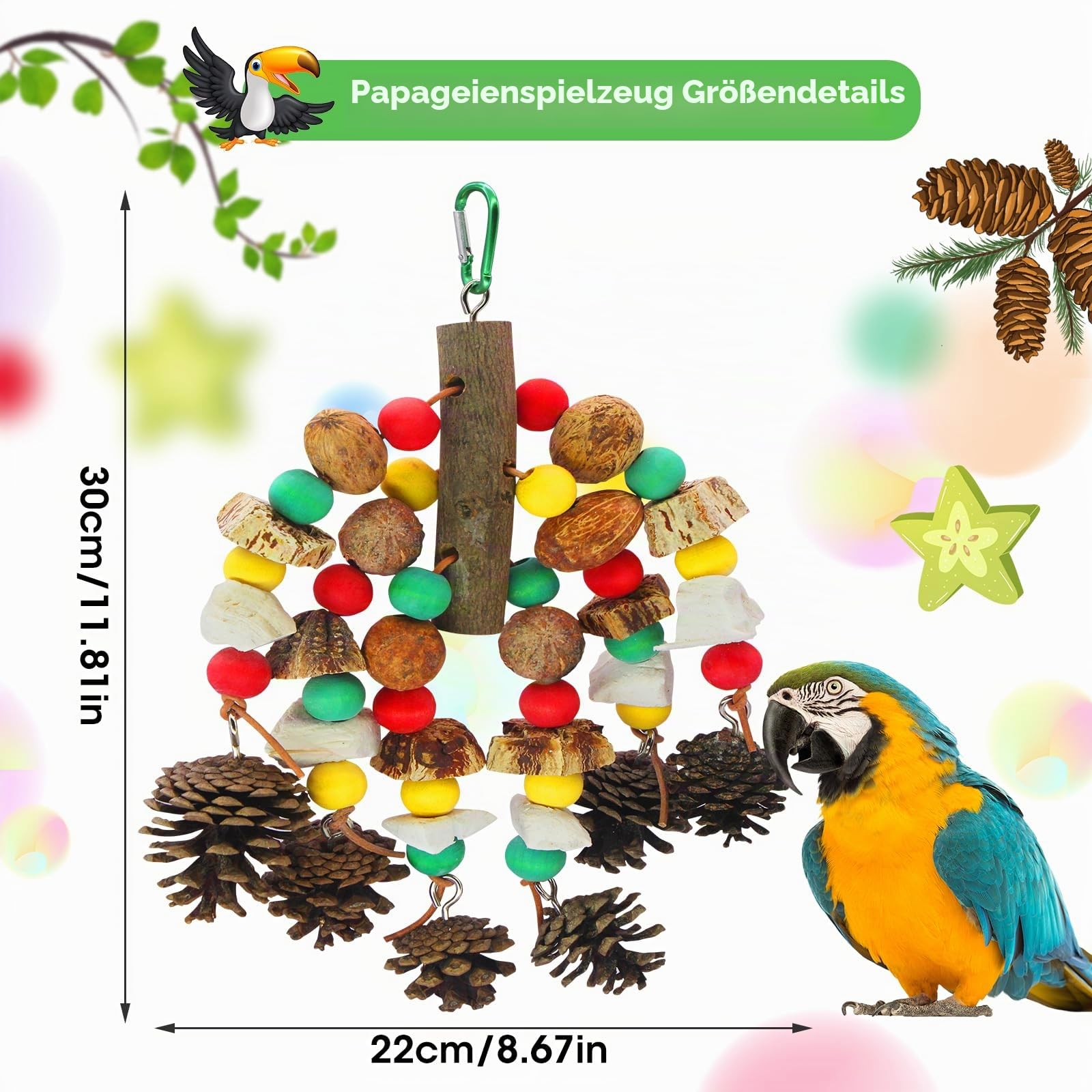 MQUPIN Papageienspielzeug, nussiges, nährstoffreiches Vogelspielzeug, natürliches hölzernes Beißspielzeug für Papageienkäfige, mit Tintenfischknochen, Kiefernzapfen, hölzernen Mangos und Karambole