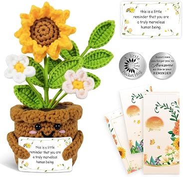 Potted Crochet Sunflower, Positive Gift with Card | Gift-ready box with message card, cute crochet sunflower decor for desks, shelves, classrooms, dorms, and home office