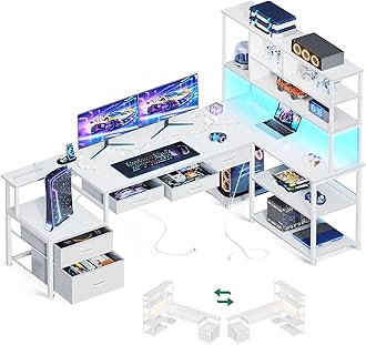 AODK 79 inch L Shaped Desk with 5 Drawers, Reversible L Shaped Gaming Desk with LED Light & 2 Power Outlets, Computer Desk with Storage Shelves for Home Office, White