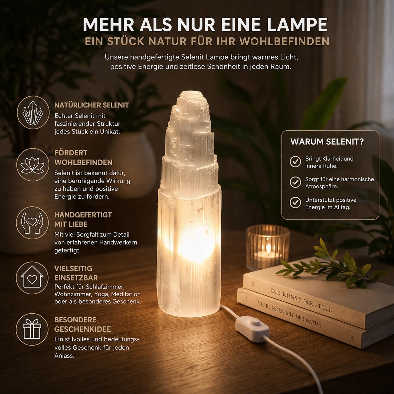Selenitkristalllampe – Selenitberg-Turmlampe in 5 verschiedenen Größen – 25 cm großer, natürlich geformter Selenitkristallturm für metaphysische Reinigung, Heilung, Meditation und dekoration