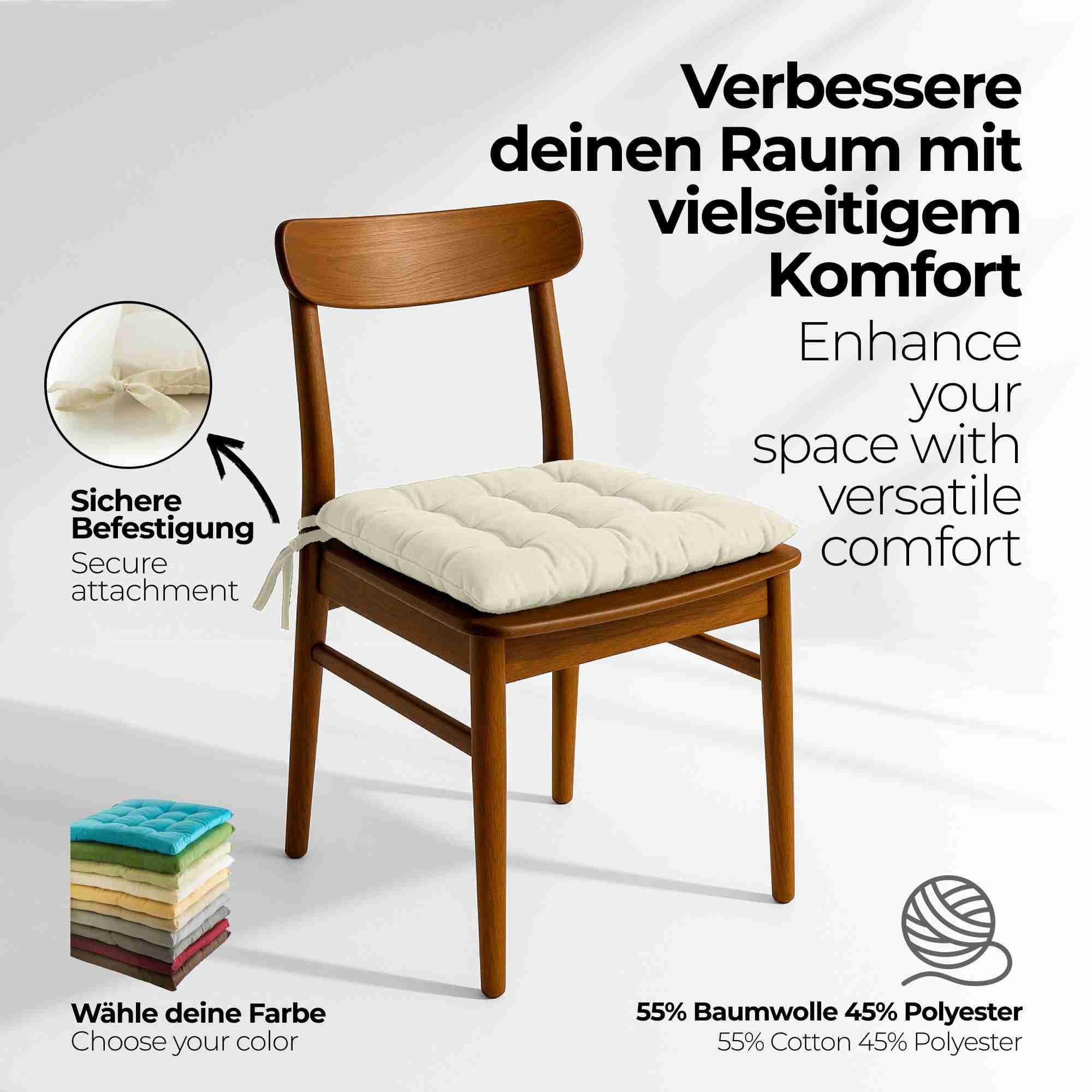etérea Coussin de Chaise 40x40 cm Crème – Galette avec Liens, Mousse Indéformable, Intérieur & Extérieur, Lot de 6 pour Chaise de Jardin, Salle à Manger & Banc