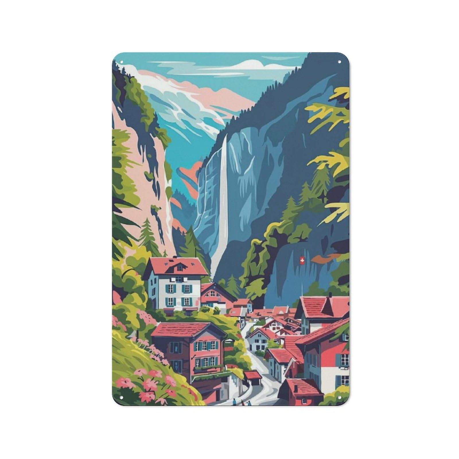 Decorative Metal Plaque with Lauterbrunnen Waterfall Design 30x20cm, Warehouse Style Loft Wall Plaque for Flat, Bar, Studio Or Gallery Wall