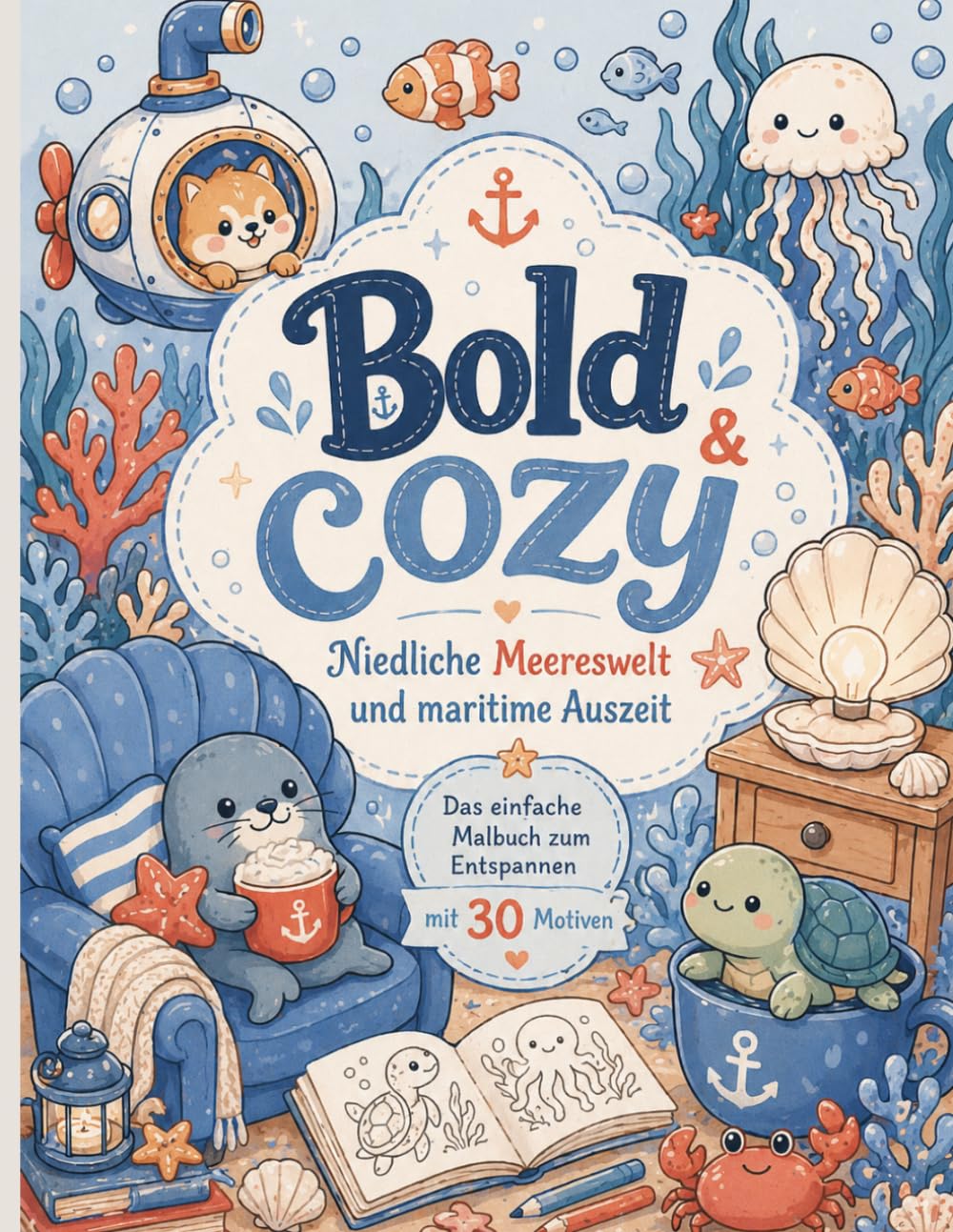 Bold & Cozy: Niedliche Meereswelt & maritime Auszeit - Das einfache Malbuch zum Entspannen (Bold and cozy Malbuch für Erwachsene und Kinder) (Bold & Cozy: Malbücher mit dicken Linien zum Entspannen)