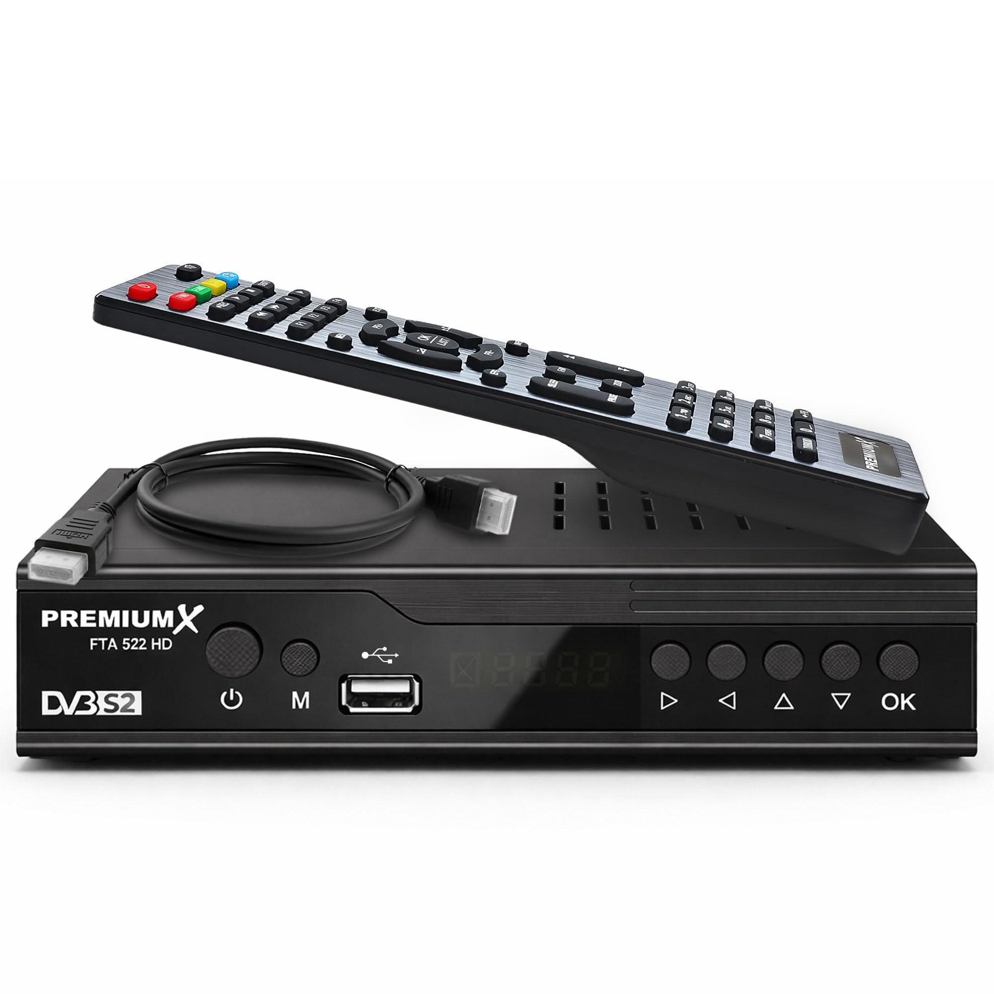 PremiumX Sat Receiver FTA 522 HD - DVB-S2 Digital Satellitenreceiver, Unicable tauglich, HDMI & SCART, 2X USB Media Player, 12V FullHD, vorinstallierte deutsche Sender