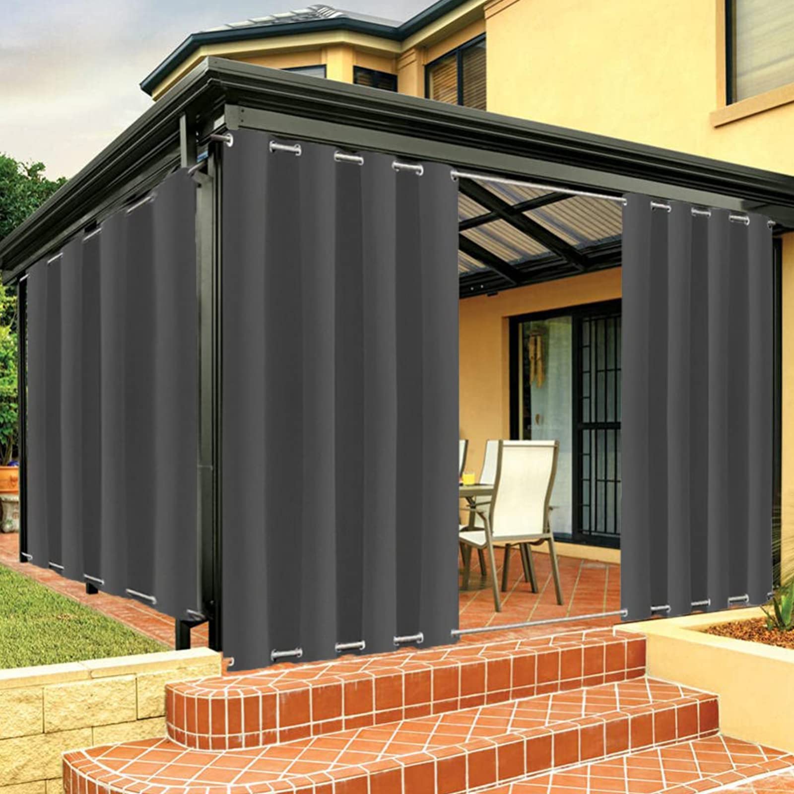 Outdoor Vorhang Wetterfest mit Ösen Oben und Unten, Wasserdicht Windschutz Outdoor Vorhang UV Schutz Sichtschutz Verdunkelungs Vorhang für Terrasse Pergola Gartenlaube, 1 Stück,Grau-B213xH183cm