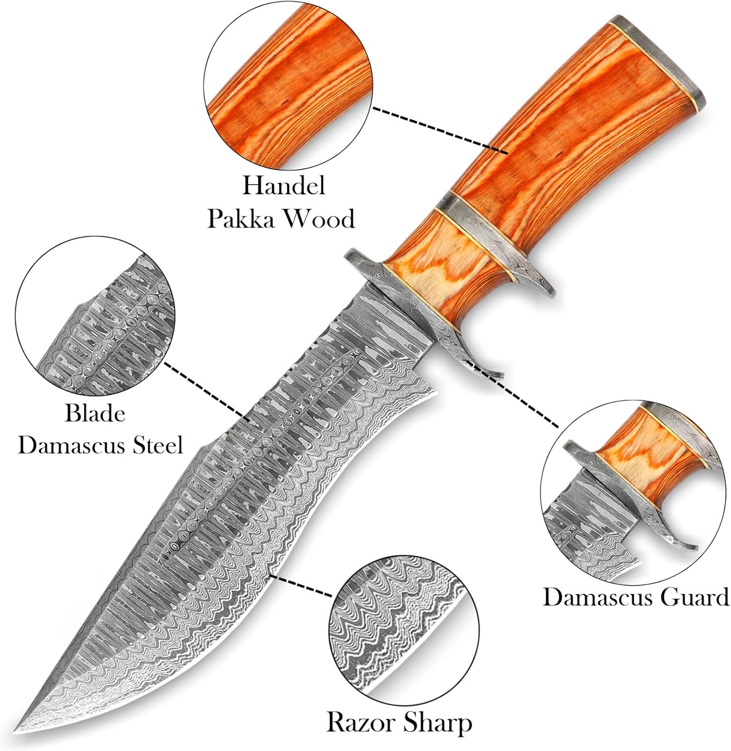 NOORAKI - 15″ Damascus Bowie Knife with Sheath | Hand Made Hunting Knife - Fixed Blade Long Bowie Knives - Ideal for Survival ,Chopping, Camping, Outdoor Gift for Men |Tactical Knife Wood Handle (Brown)