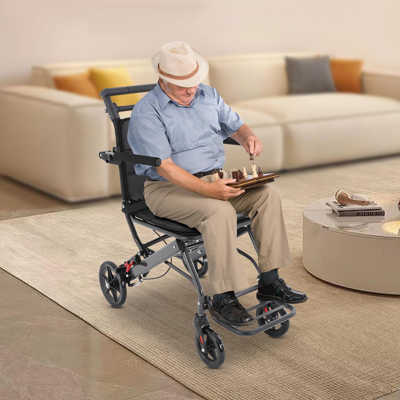 LyeXD Lightweight Transport Wheelchair for Adults, Aluminum Transport Chair Lightweight Foldable with Oxford Cloth Bag, Integrated Handbrake, Portable Transit Travel Wheelchair (up to 220lbs)