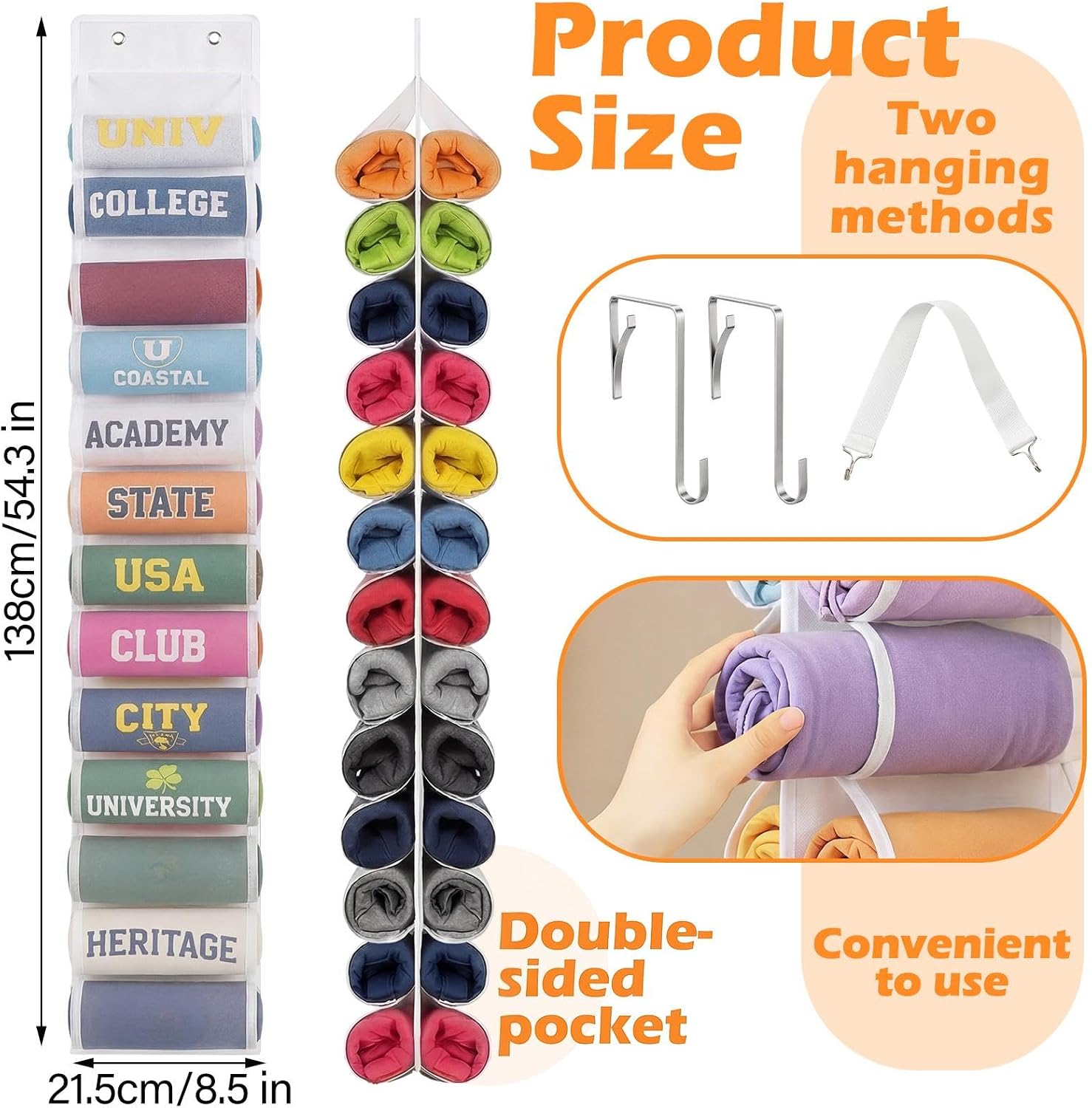 Over the Door Hoodie Organizer, Double Sided Holds 26 Hoodies, White Hanging Storage with 2 Hooks and Rope for Door Closet Cabinet Use, Ideal for Dorm Rooms Bedroom, Small Spaces, 54.3 Inch